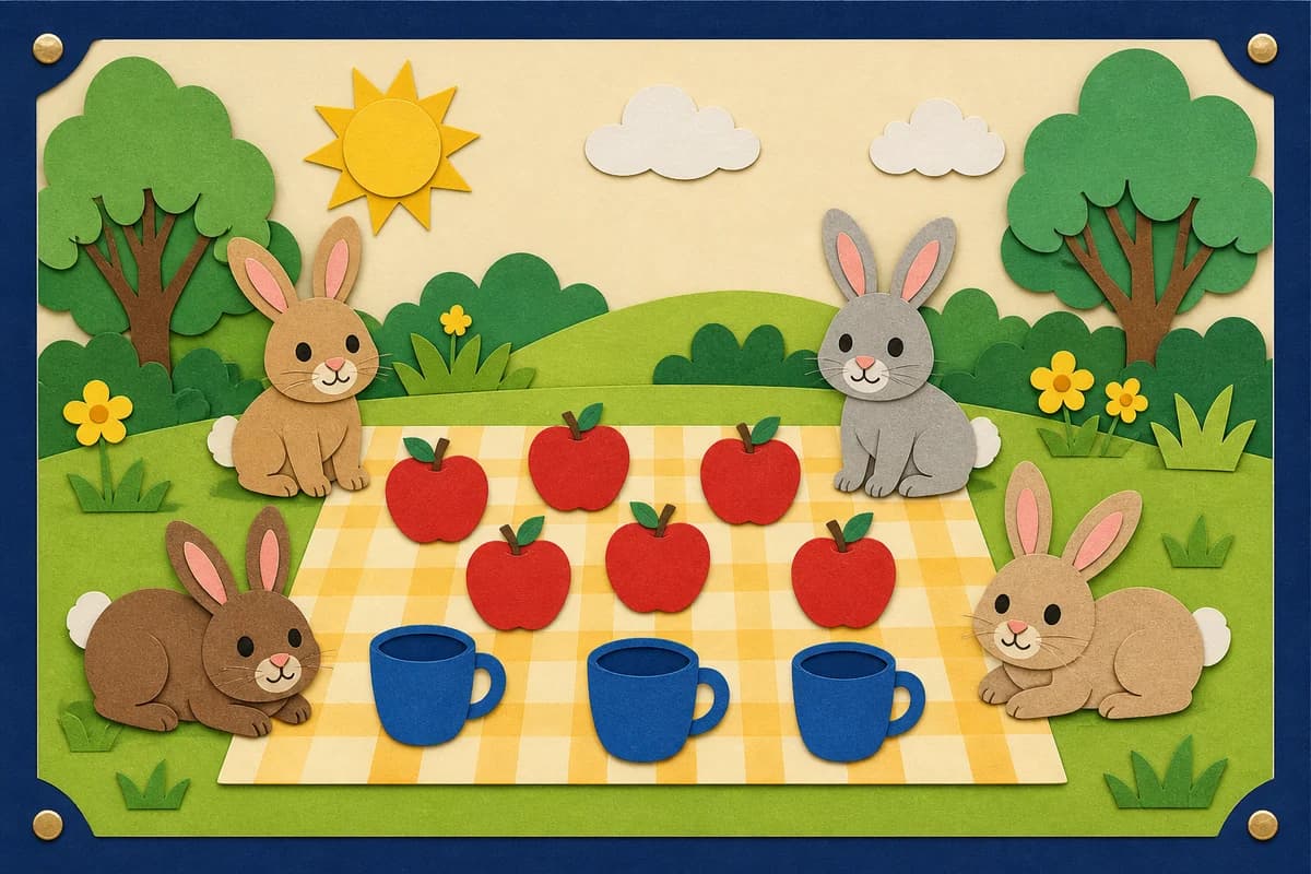 Prepared counting challenge with six apples, three cups, and four rabbits
