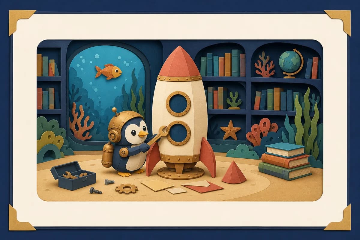 Prepared robot-penguin draft with two rocket windows and one fish