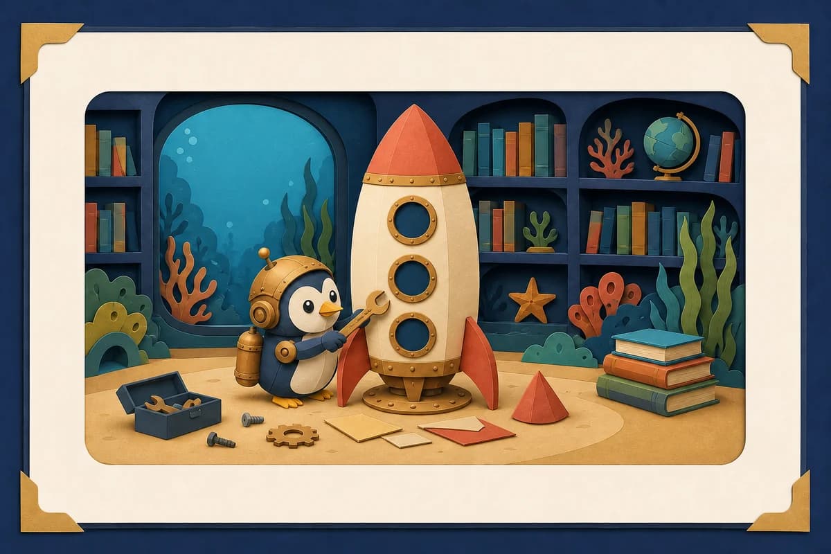 Corrected robot-penguin picture with three rocket windows and no fish
